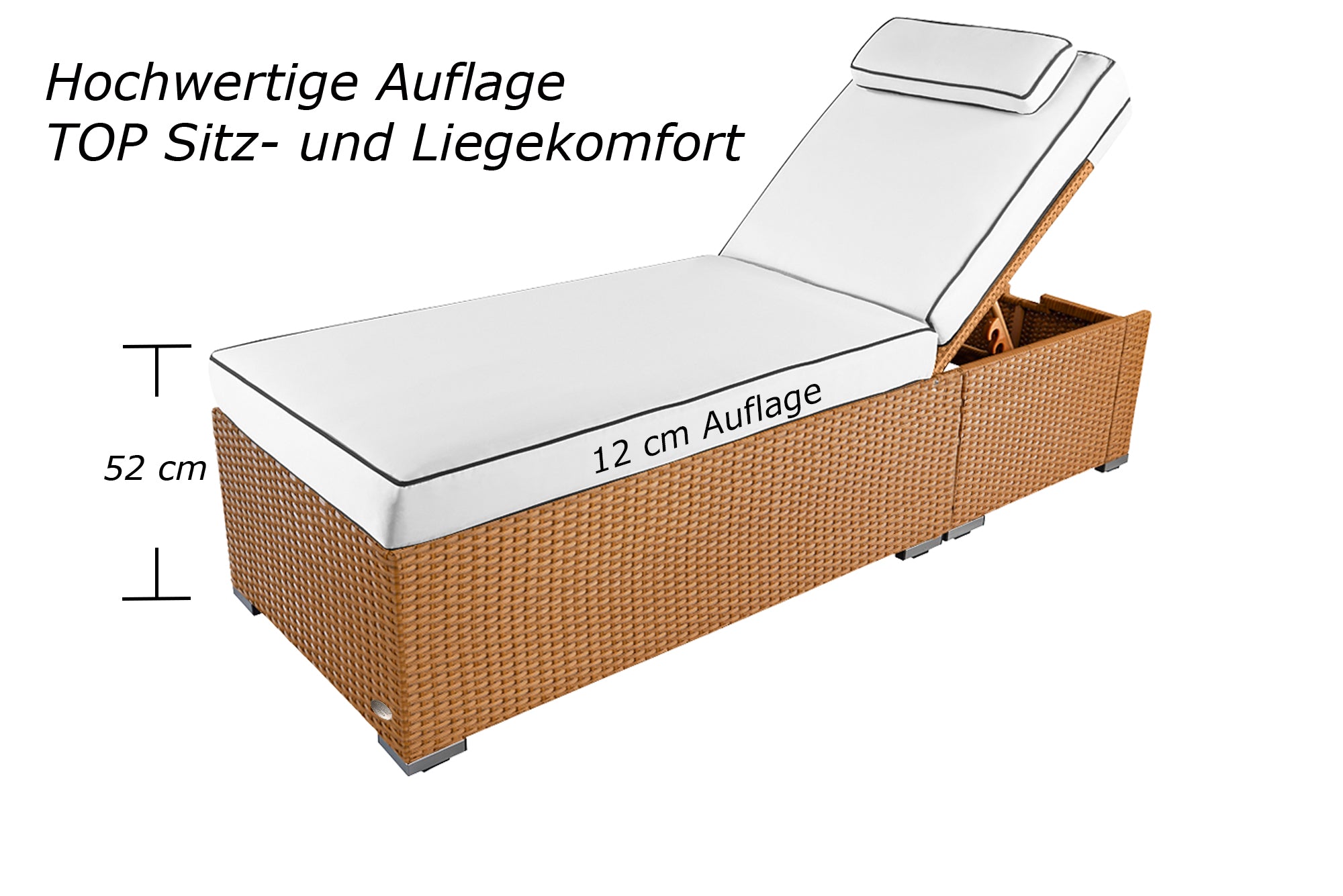 Naturfarbene Sonnenliege mit weißer Polsterung und verstellbarer Rückenlehne, Sitzhöhe 52 cm.