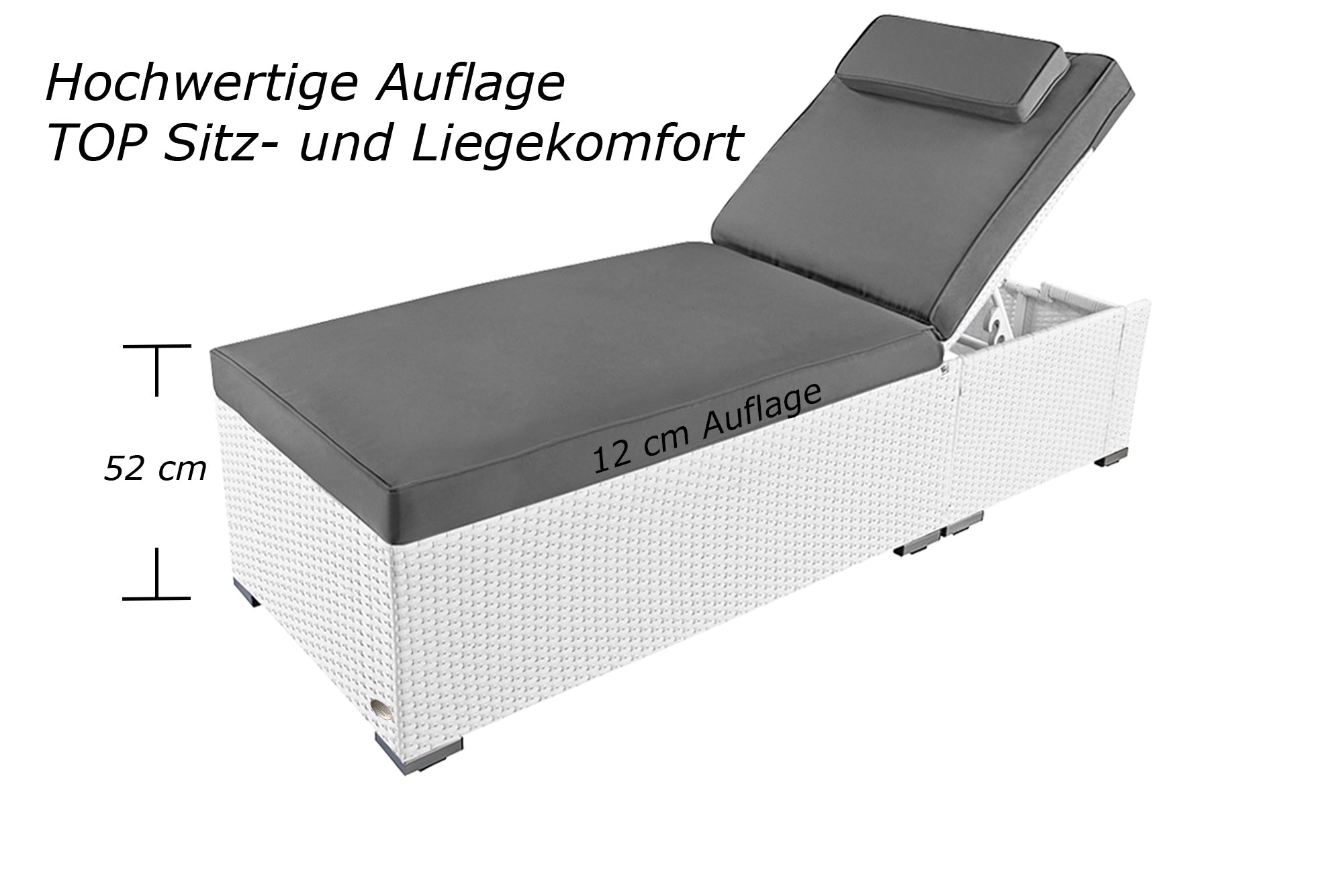 Weiße Sonnenliege mit grauer Polsterung und verstellbarer Rückenlehne, Sitzhöhe 52 cm.