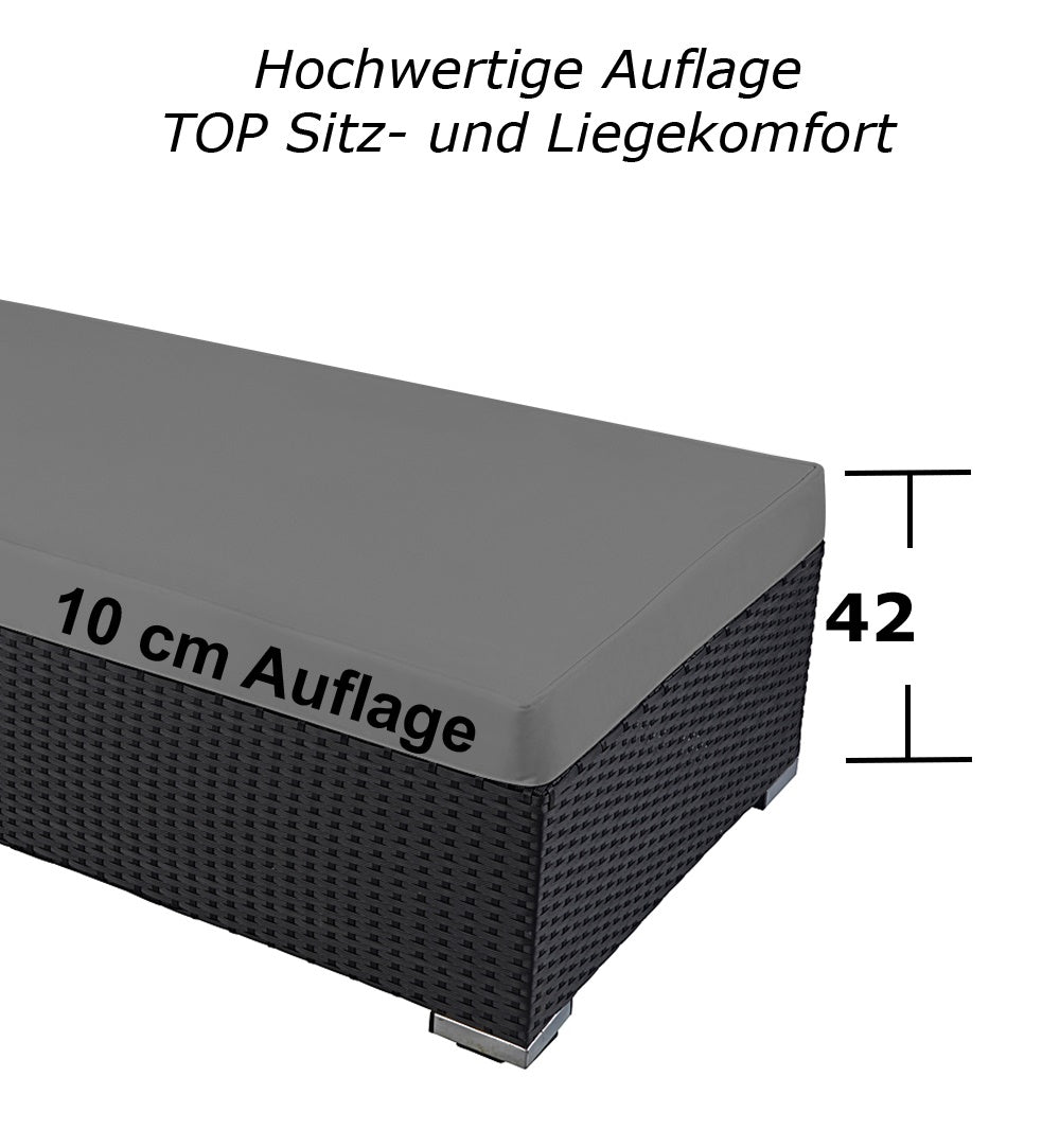 Sonnenliege mit 10 cm grauer Auflage und 42 cm Sitzhöhe. Schwarz / Grau.