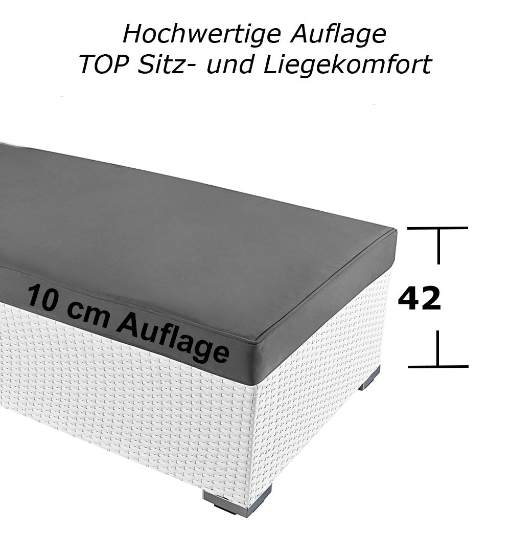 Sonnenliege mit 10 cm grauer Auflage und 42 cm Sitzhöhe. Weiß.