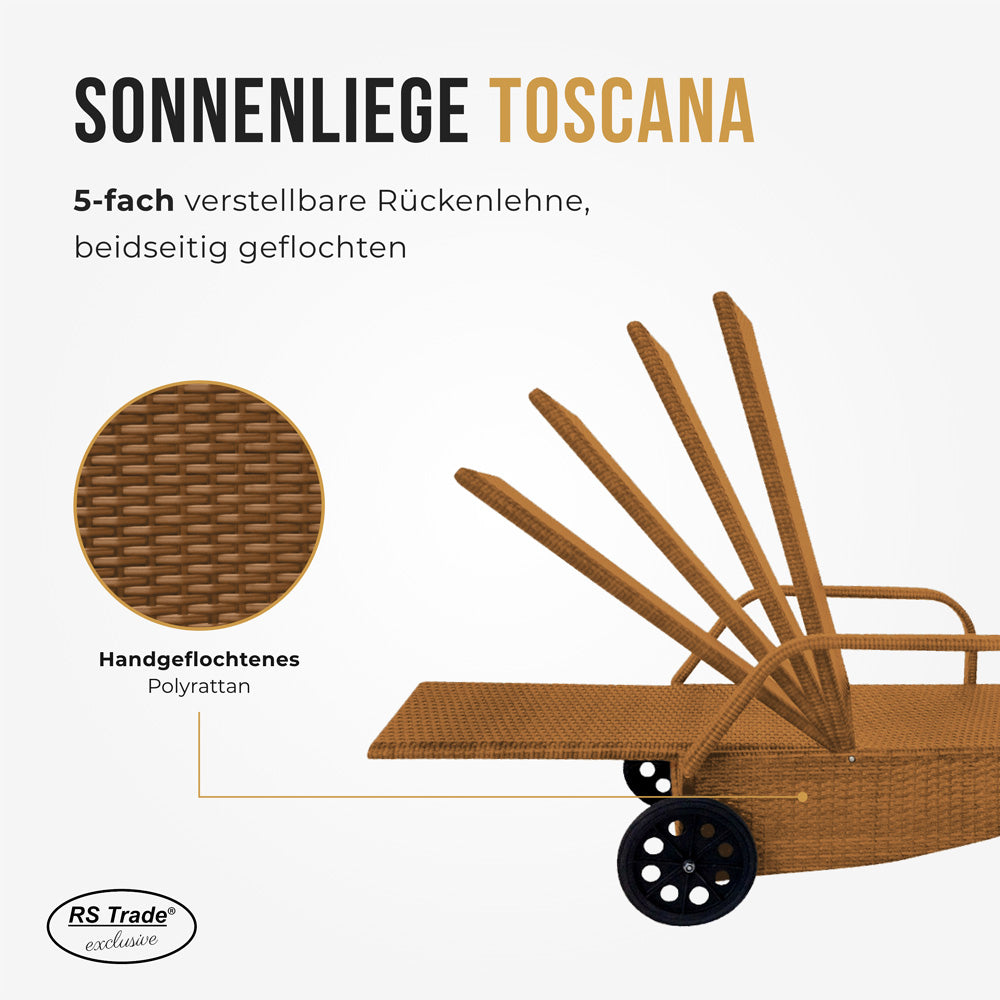 Sonnenliege mit 5-fach verstellbarer Rückenlehne, Rollen und gebogener Form. Natur / Natur.