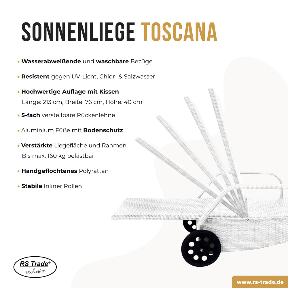 Sonnenliege mit 5-fach verstellbarer Rückenlehne, Rollen und gebogener Form. Weiß / Weiß.