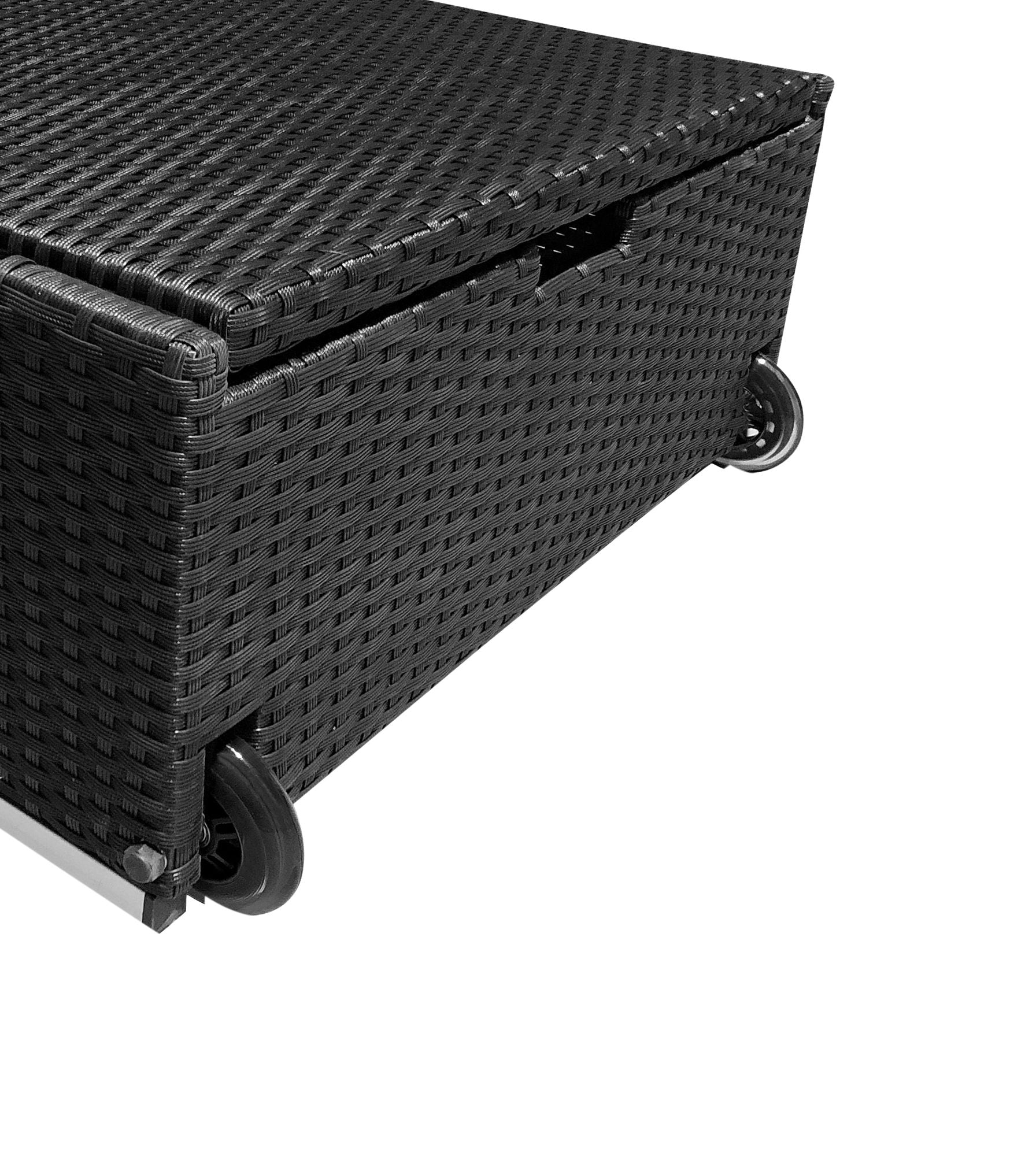 Sonnenliege mit stabilen Rollen für einfaches Umstellen. Schwarz / Grau.