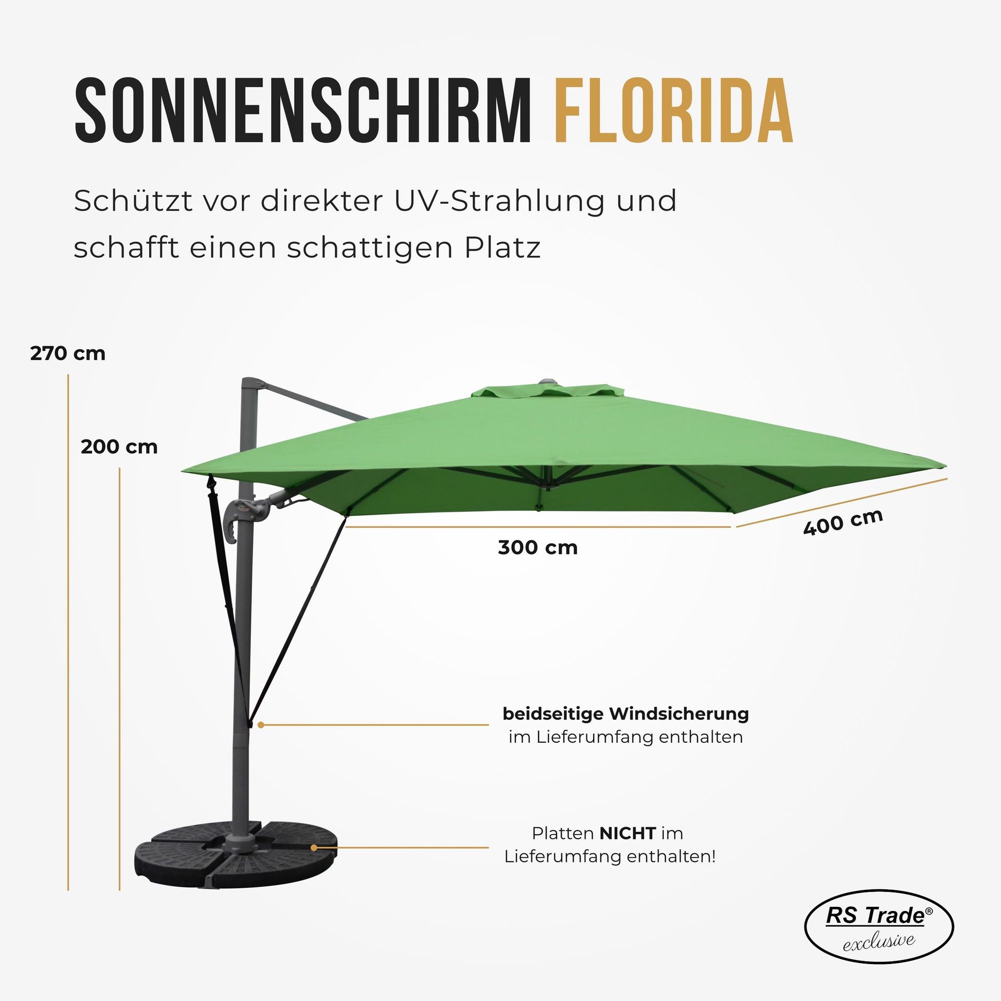 Sonnenschirm Florida, 300x400 cm, beidseitige Windsicherung, UV-Schutz, 270 cm hoch, ideal für Schattenplätze. Gruen1