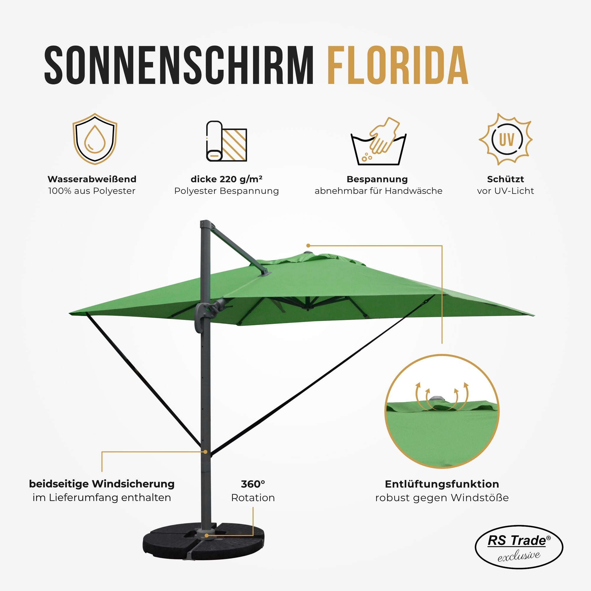Sonnenschirm Florida, wasserabweisend, UV-Schutz, Bespannung abnehmbar, 360° drehbar, Windsicherung. Gruen1