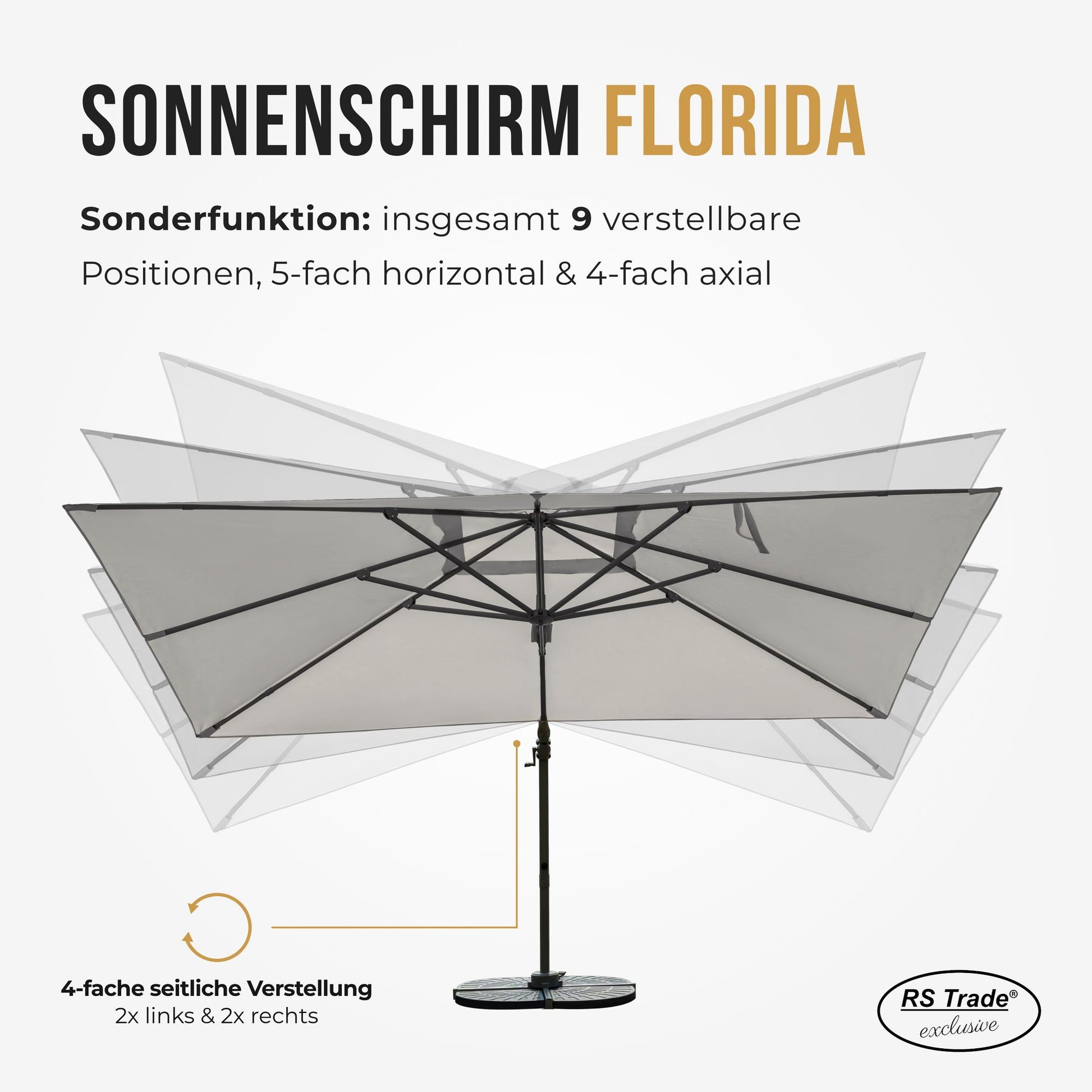 Sonnenschirm mit 9 verstellbaren Positionen, 5-fach horizontal und 4-fach axial schwenkbar. Hellgrau1