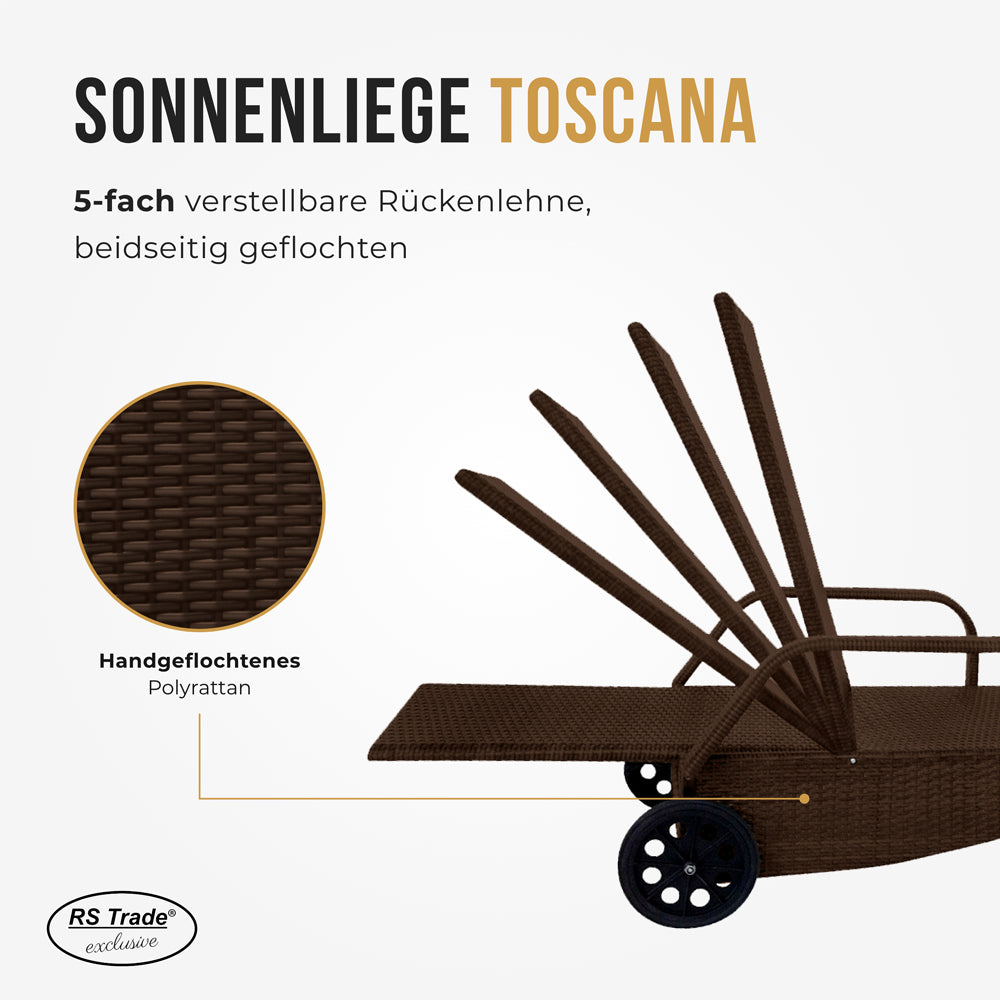 Sonnenliege mit 5-fach verstellbarer Rückenlehne, Rollen und gebogener Form. Braun
