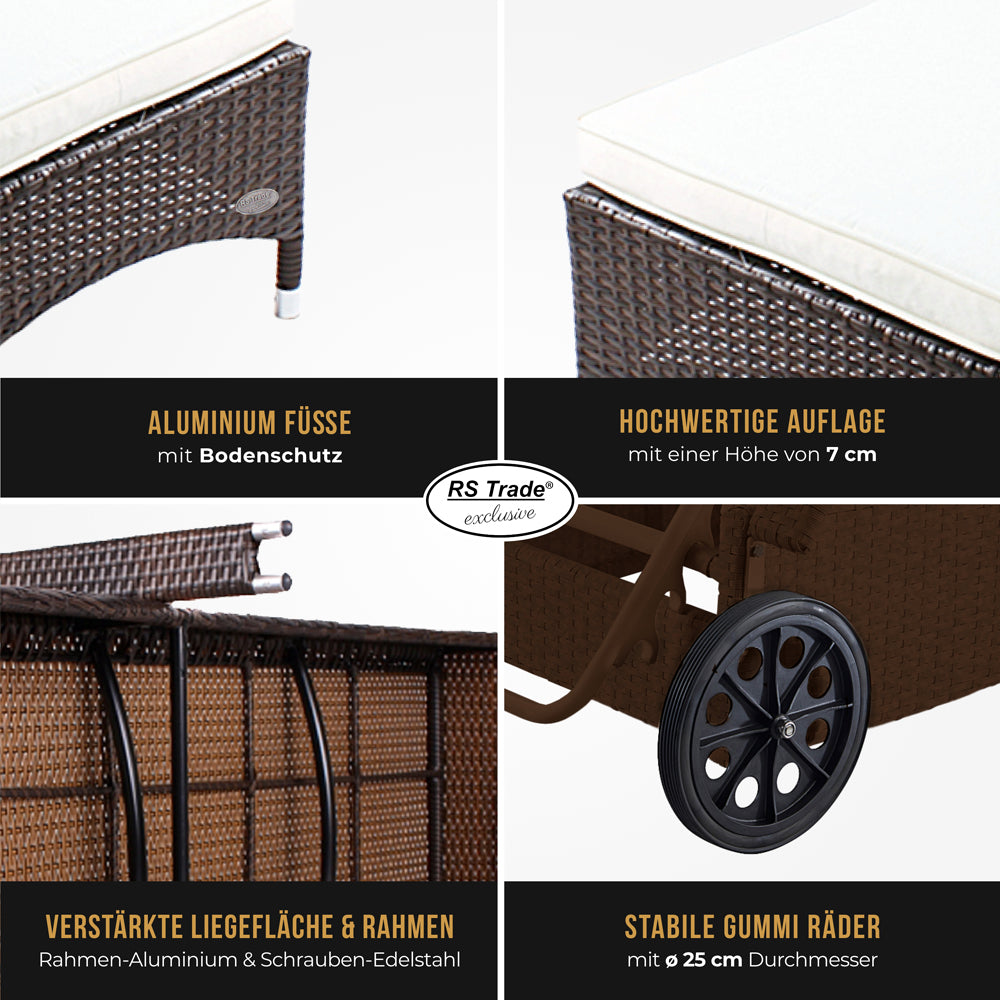 Detailbilder der Sonnenliege: Handgeflochtenes Rattan, Rollen, Füße, Rahmen und Liegefläche. Braun / Braun.