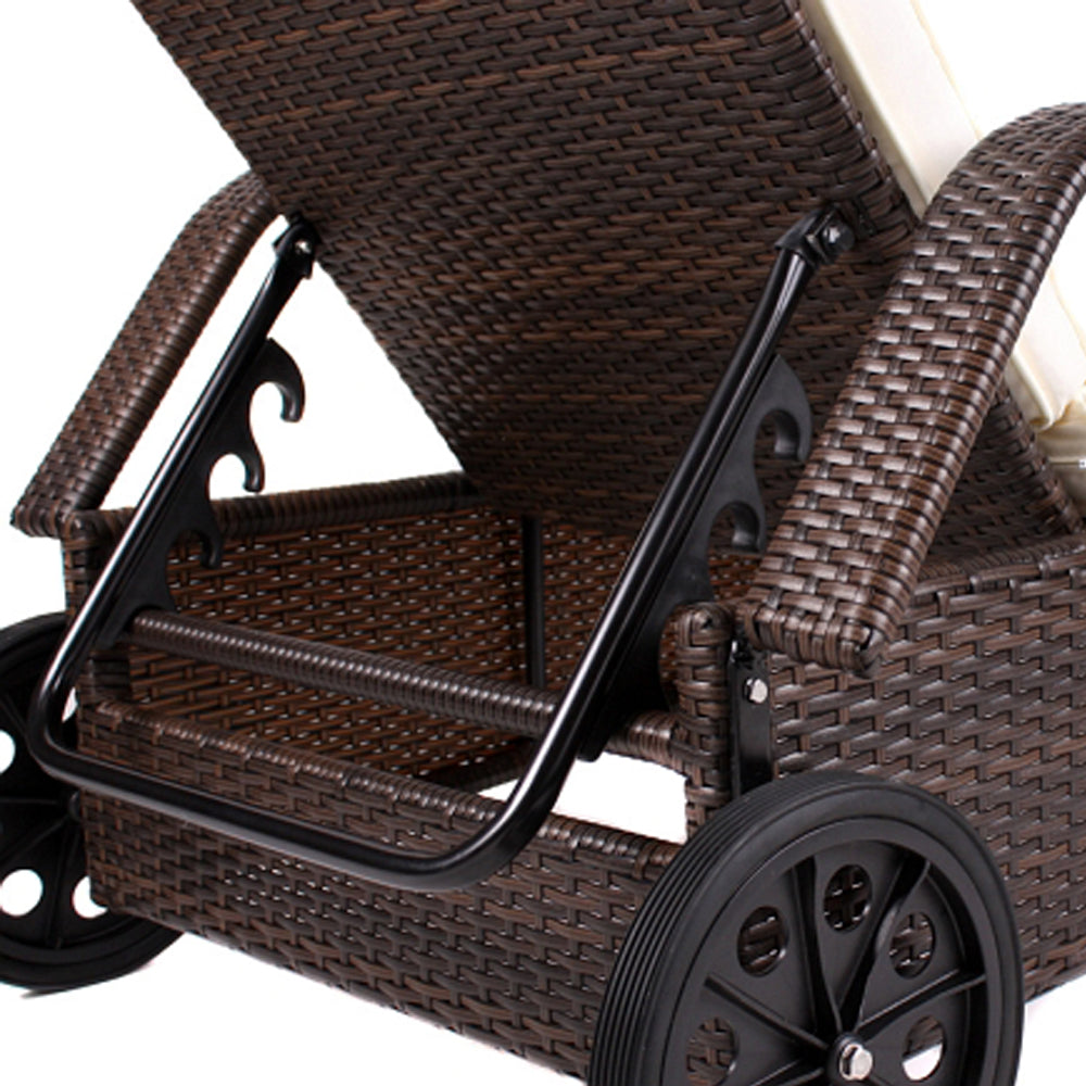 Rückenlehne der Sonnenliege 5-fach verstellbar, Poly-Rattan-Geflecht in Schwarz. Braun / Braun.