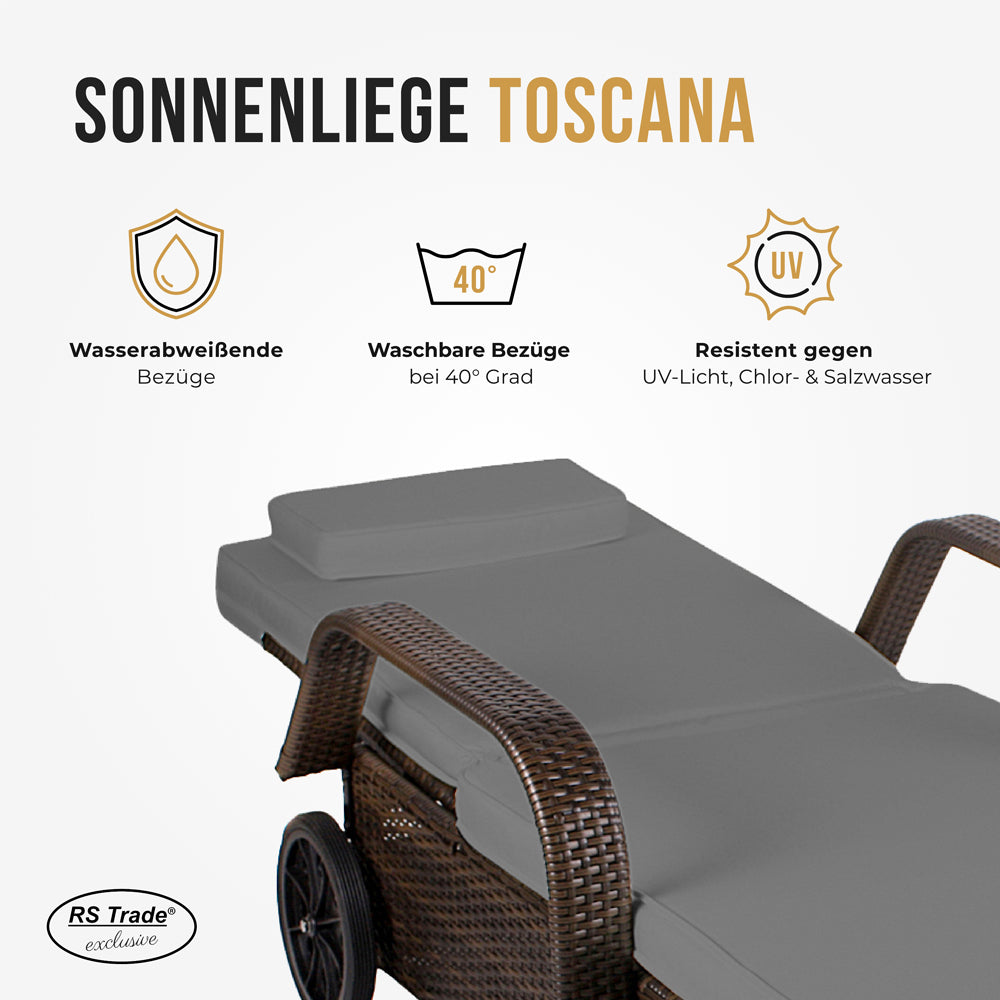 Braune Sonnenliege mit UV-Schutz und waschbarem und wasserabweißendem Bezug.