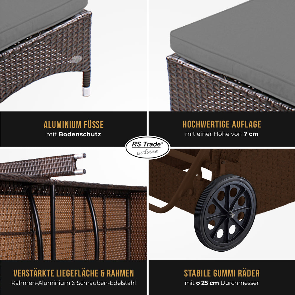 Detailbilder der Sonnenliege: Handgeflochtenes Rattan, Rollen, Füße, Rahmen und Liegefläche. Braun / Grau.