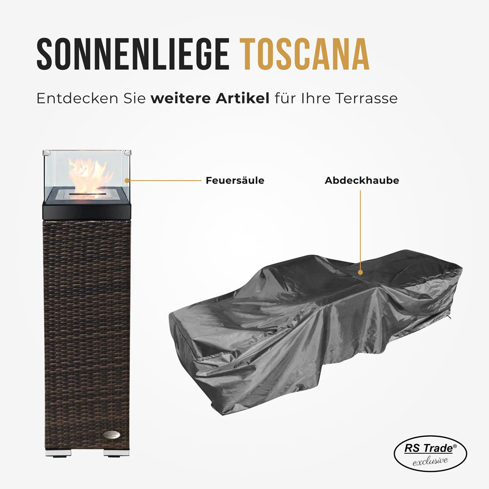 Graue Abdeckung für Sonnenliege und passende Feuersäule.
