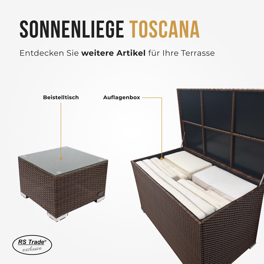 Braune Auflagenbox und Beistelltisch passend zu der Sonnenliege Toscana.