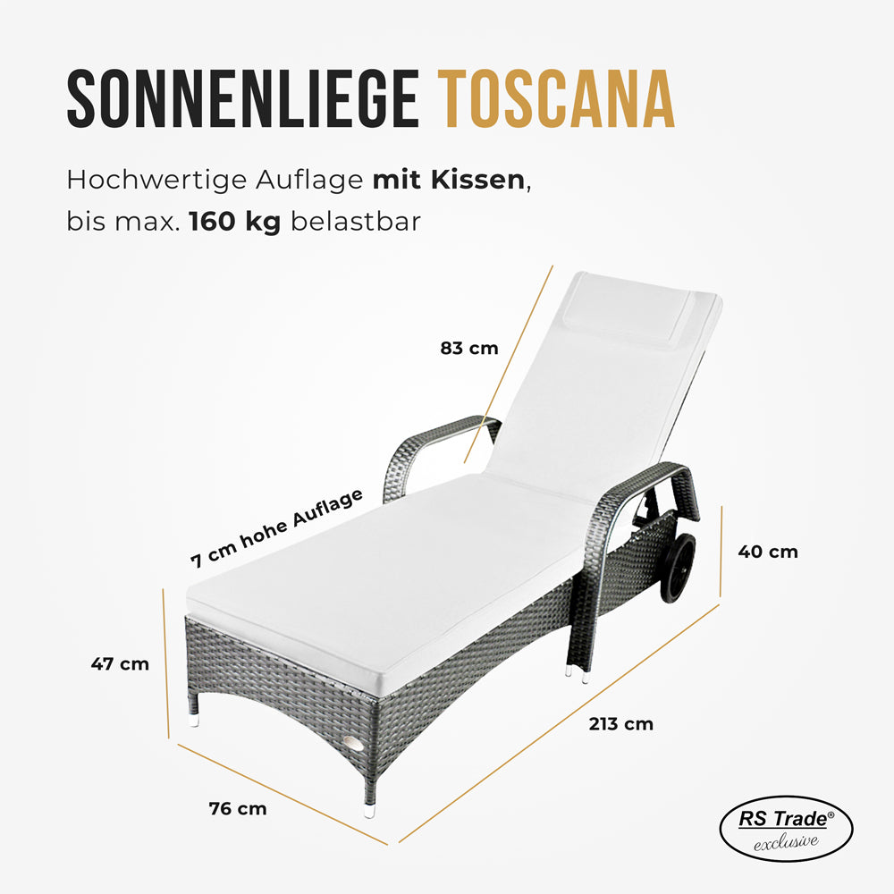 Graue Sonnenliege aus Rattan mit Polsterauflage und Armlehnen. Maße: 213 cm lang, 76 cm breit, 47 cm hoch, Rückenlehne 83 cm, Auflage 7 cm stark. Belastbar bis 160 kg.