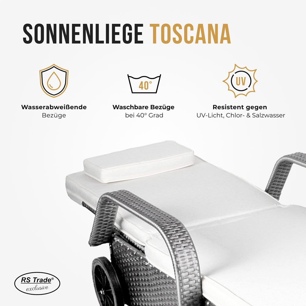 Graue Sonnenliege mit UV-Schutz und waschbarem und wasserabweißendem Bezug.