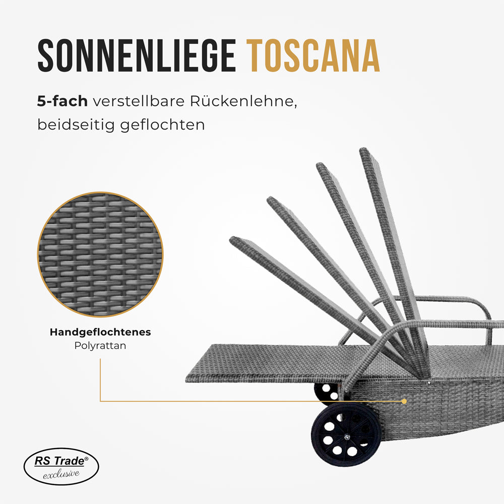 Sonnenliege mit 5-fach verstellbarer Rückenlehne, Rollen und gebogener Form. Grau / Grau.