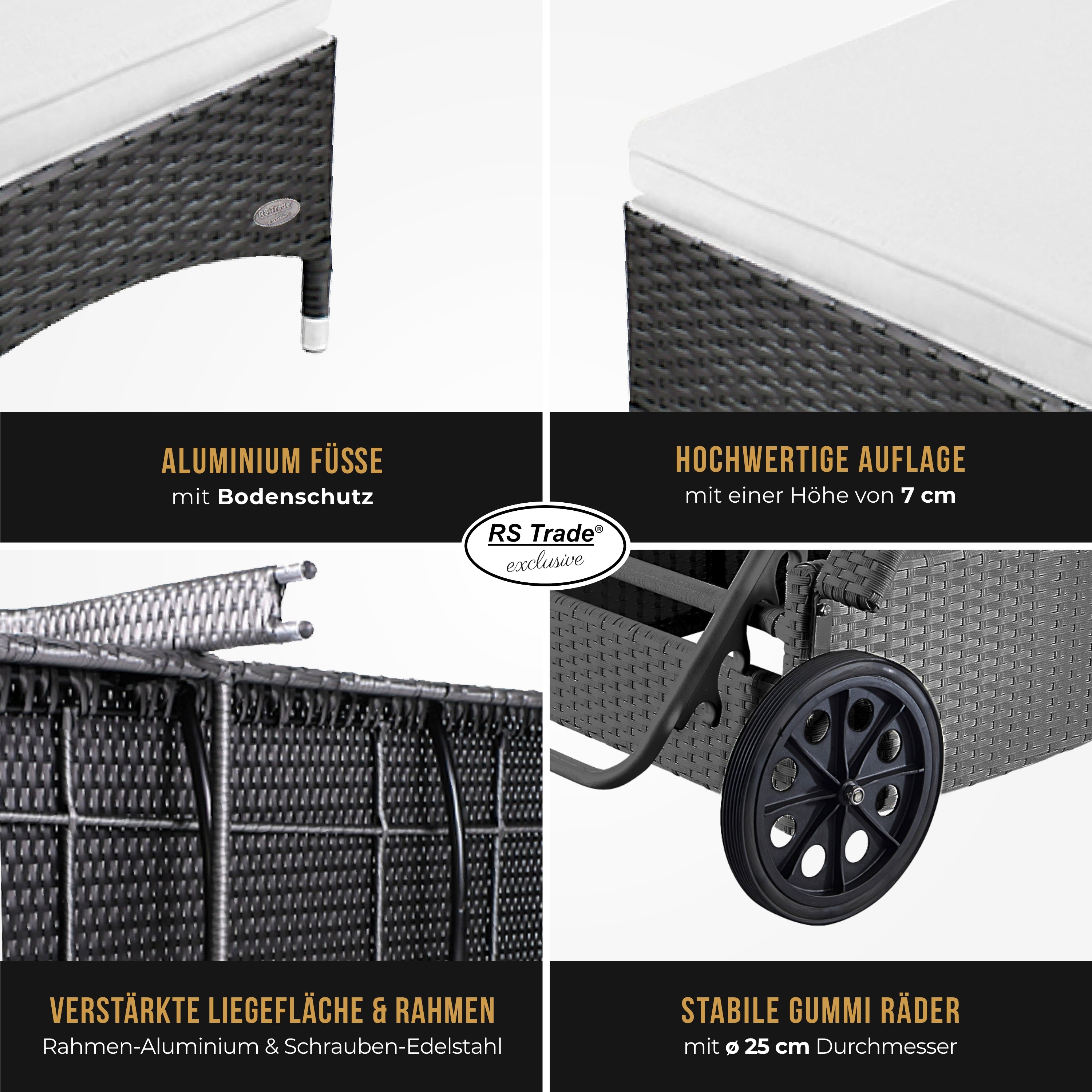 Detailbilder der Sonnenliege: Handgeflochtenes Rattan, Rollen, Füße, Rahmen und Liegefläche. Grau / Grau.