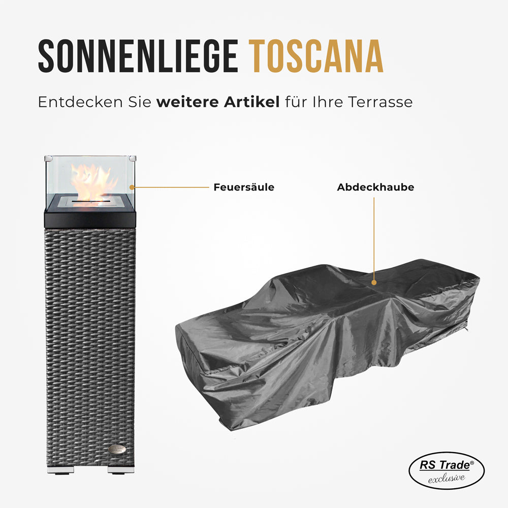 Graue Abdeckung für Sonnenliege und passende Feuersäule.