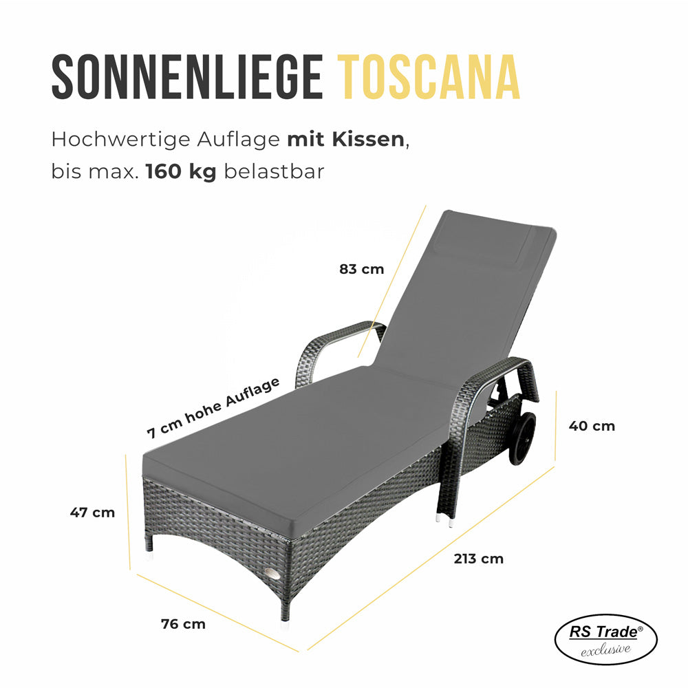 Graue Sonnenliege aus Rattan mit Polsterauflage und Armlehnen. Maße: 213 cm lang, 76 cm breit, 47 cm hoch, Rückenlehne 83 cm, Auflage 7 cm stark. Belastbar bis 160 kg.
