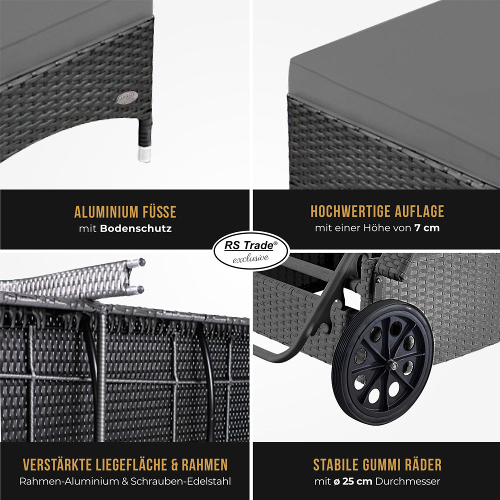 Detailbilder der Sonnenliege: Handgeflochtenes Rattan, Rollen, Füße, Rahmen und Liegefläche. Grau / Grau.