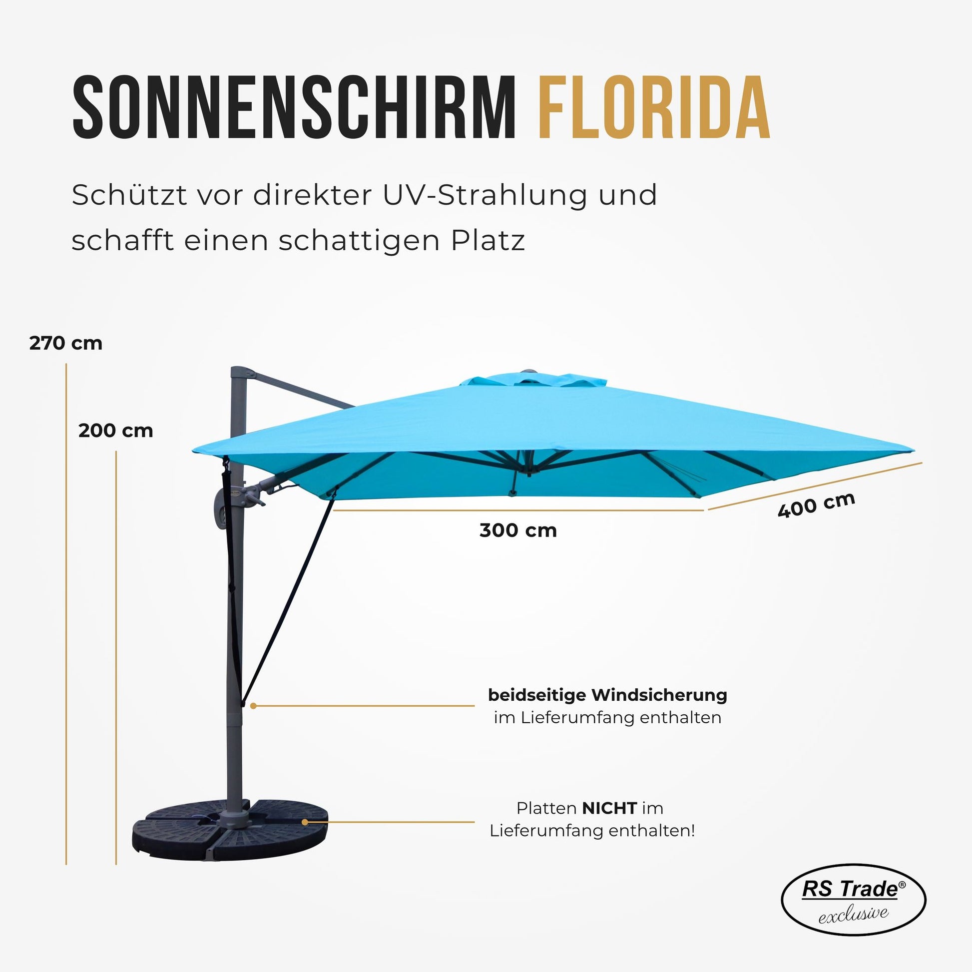 Sonnenschirm Florida, 300x400 cm, beidseitige Windsicherung, UV-Schutz, 270 cm hoch, ideal für Schattenplätze. Tuerkis