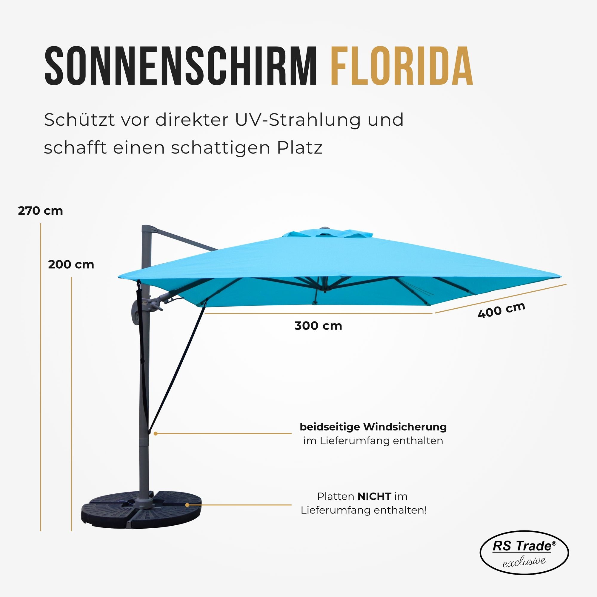 Sonnenschirm Florida, 300x400 cm, beidseitige Windsicherung, UV-Schutz, 270 cm hoch, ideal für Schattenplätze. Tuerkis