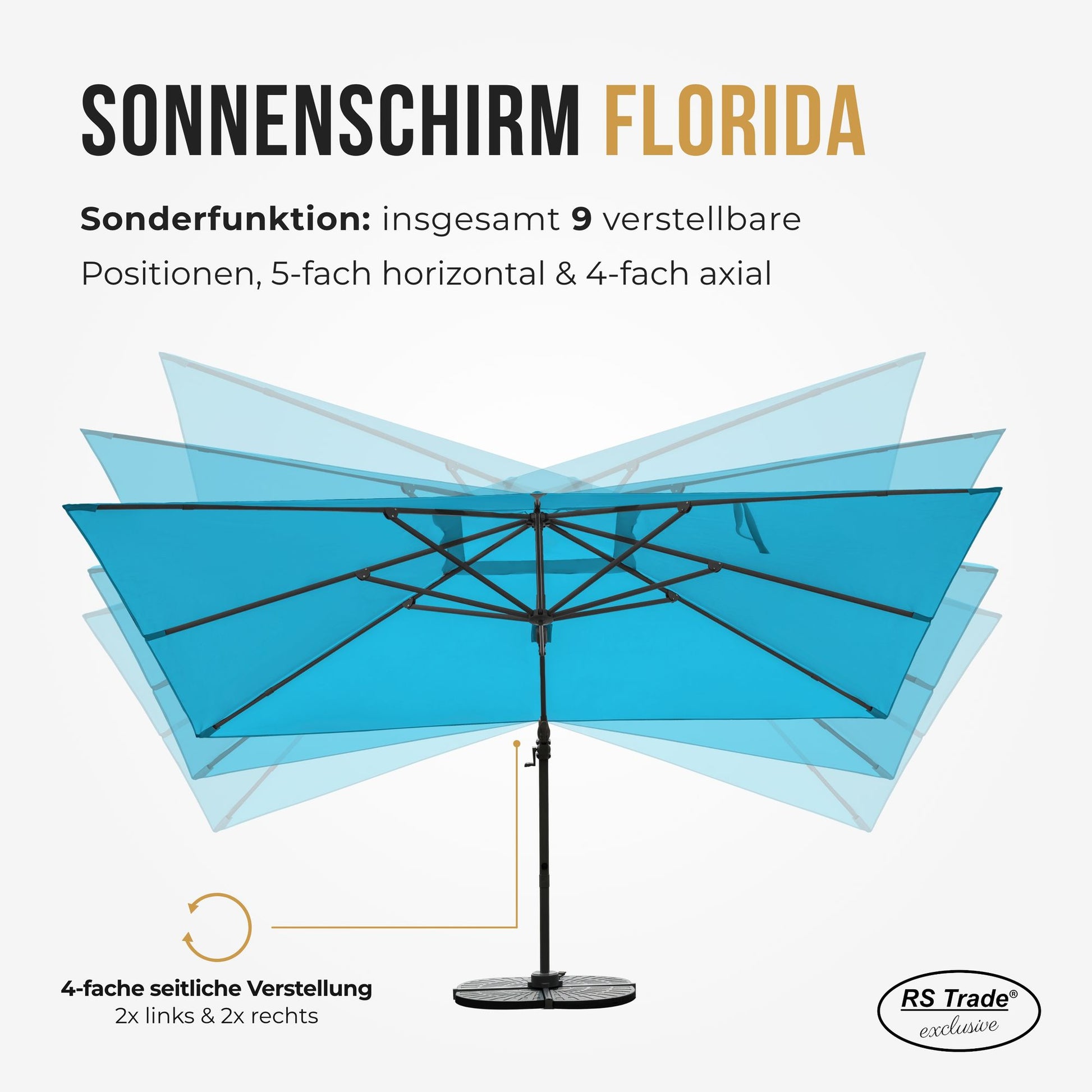 Sonnenschirm mit 9 verstellbaren Positionen, 5-fach horizontal und 4-fach axial schwenkbar. Tuerkis
