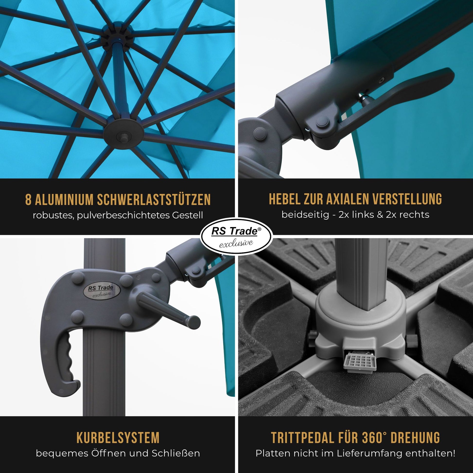 Detailansicht Sonnenschirm Florida: 8 Alu-Stützen, Kurbel, Hebel, Trittpedal für 360°-Drehung. Tuerkis
