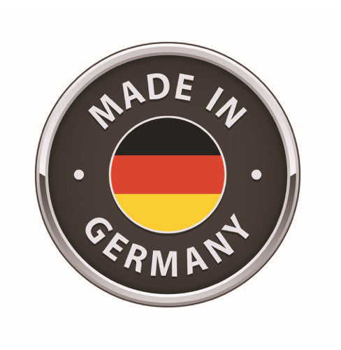 Rundes Label in Schwarz mit "Made in Germany" Text und Deutschland-Flagge in der Mitte. 1L