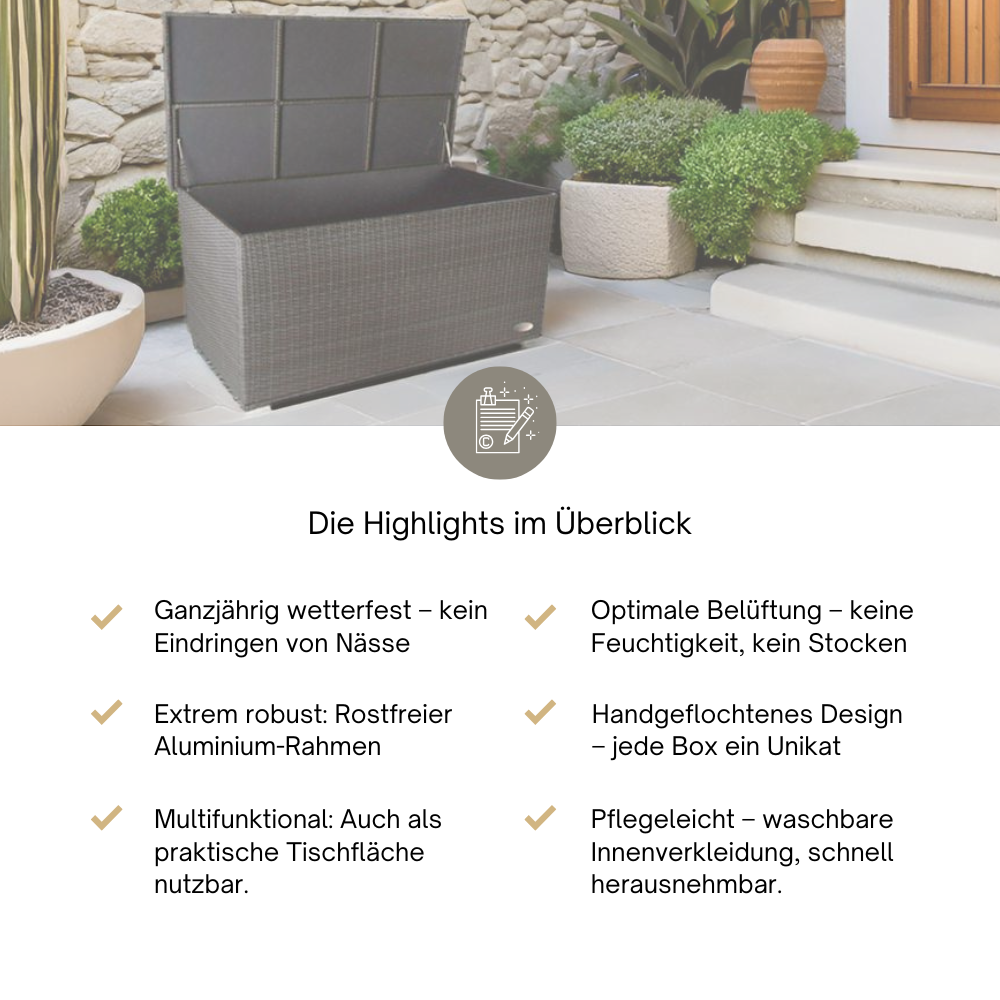 Venezia-Box auf einer Steinterrasse mit Gartenkulisse, darunter sechs Produktvorteile gelistet.