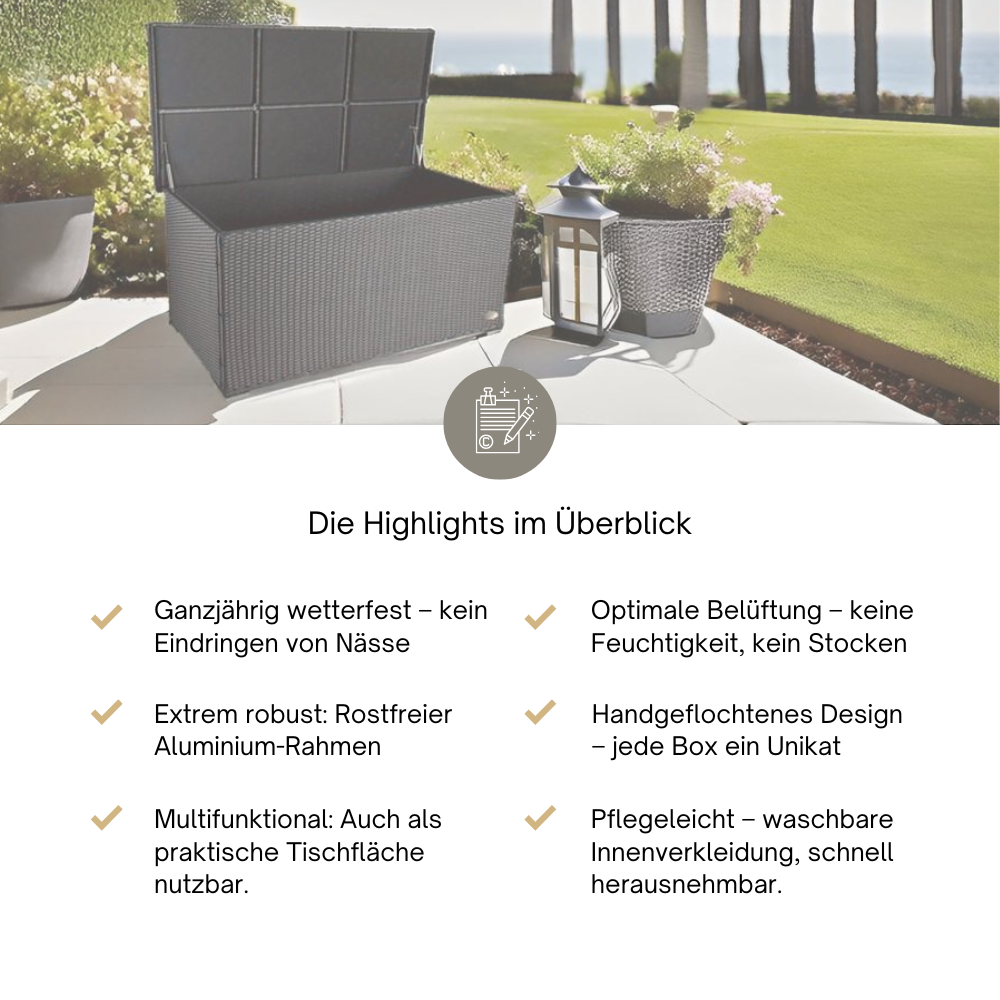 Venezia-Box auf heller Terrasse, geöffnet, darunter Übersicht zu Vorteilen wie Wetterfestigkeit.