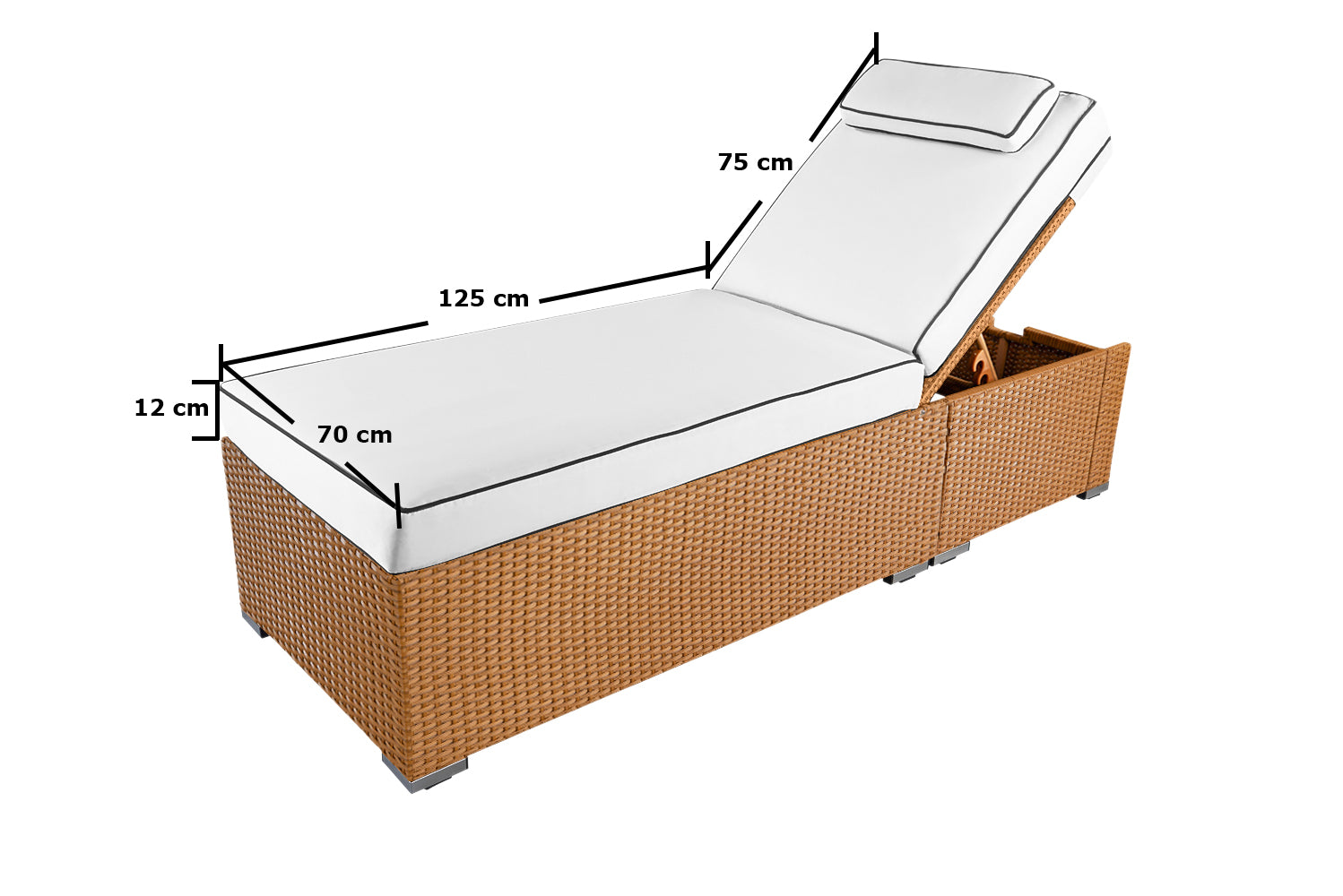 Naturfarbene Rattan-Liege mit weißer Polsterung und Maßen: 70x125 cm Liegefläche, 75 cm Rückenlehne.