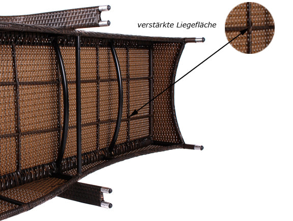Verstärkte Liegefläche der Sonnenliege, Untergestell aus robustem Aluminium und Poly-Rattan. Braun