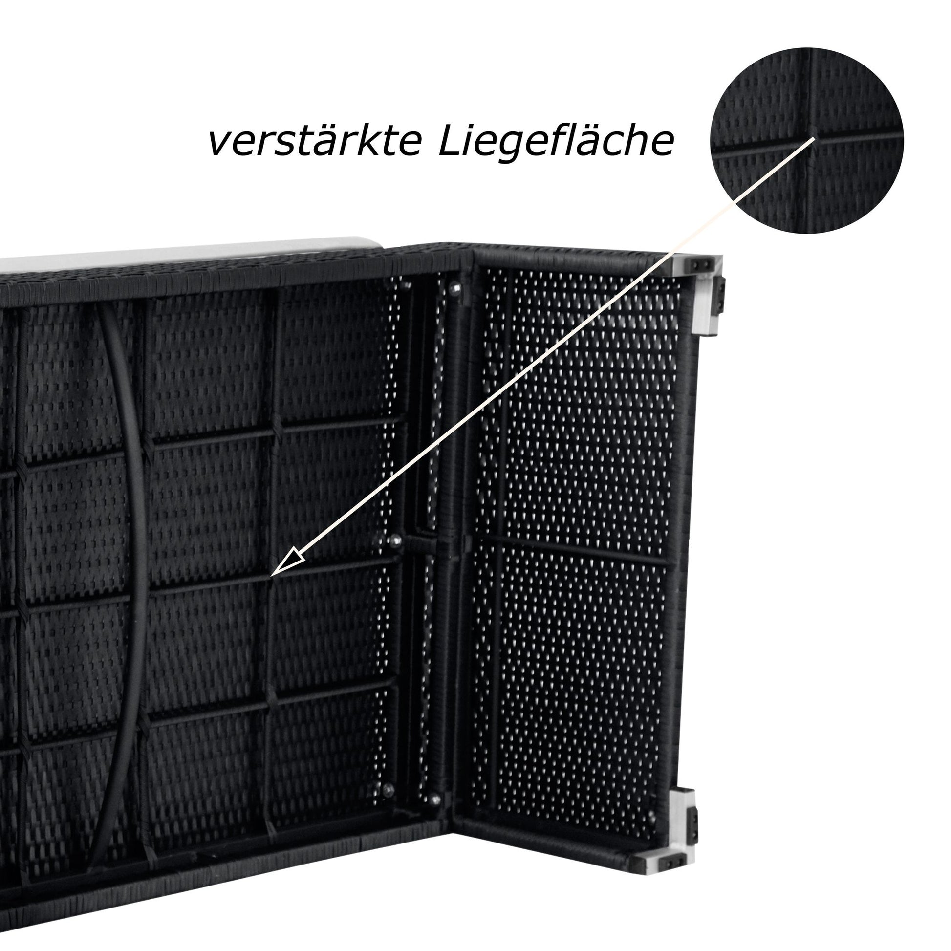 Verstärkte Liegefläche mit Rattan-Optik, Stahlstreben und stabilen Verstrebungen. Silber