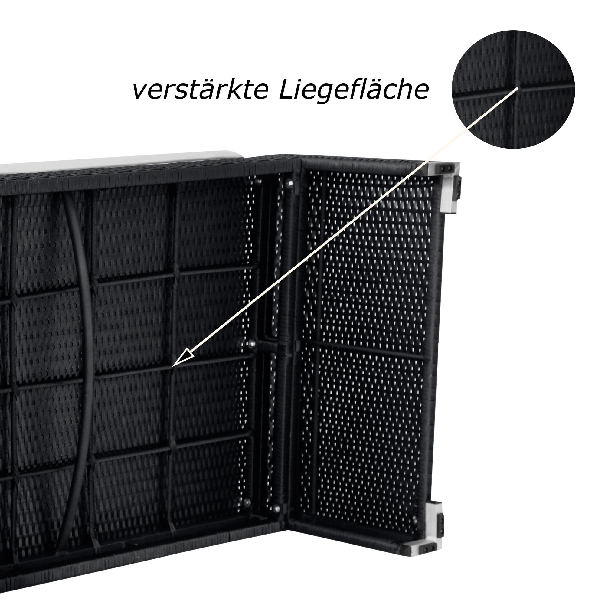 Verstärkte Liegefläche mit Rattan-Optik, Stahlstreben und stabilen Verstrebungen. Silber