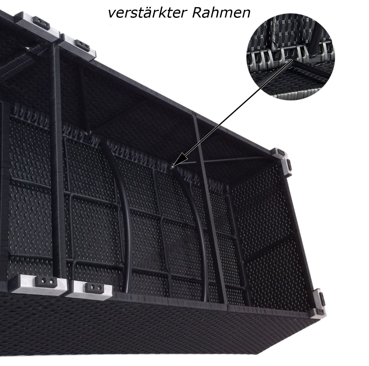 Verstärkter Rahmen aus robustem Material, sorgt für Stabilität der Liege. Schwarz / Grau.