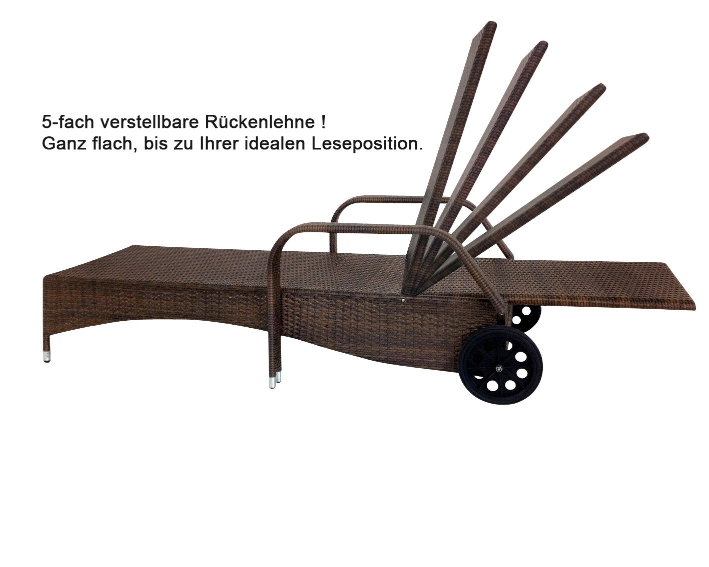Verstellbare Rückenlehne einer braunen Poly-Rattan Sonnenliege, flach oder aufrecht einstellbar. Braun / Grau