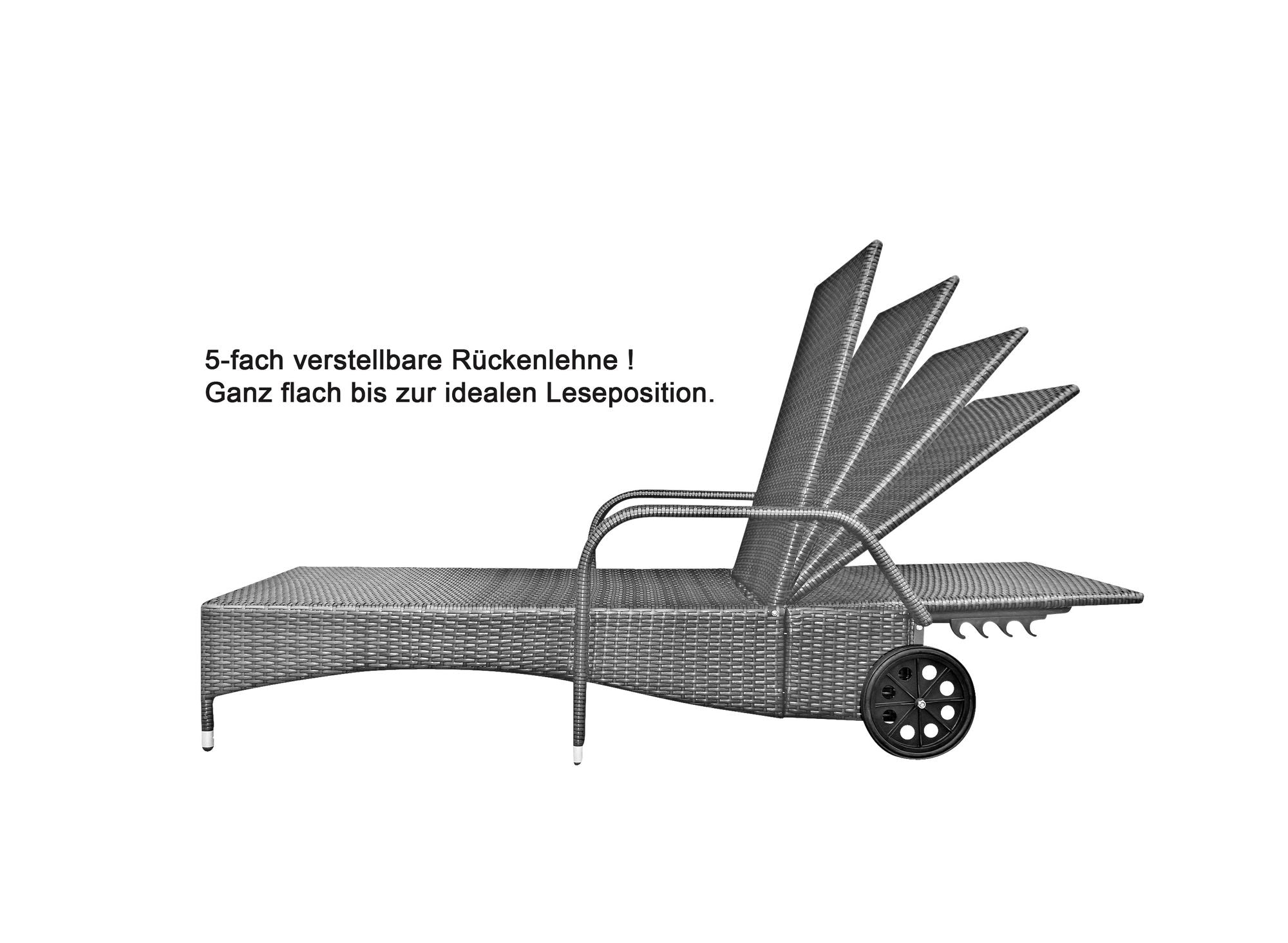 Verstellbare Rückenlehne einer grauen Poly-Rattan Sonnenliege, flach oder aufrecht einstellbar. Grau / Silber