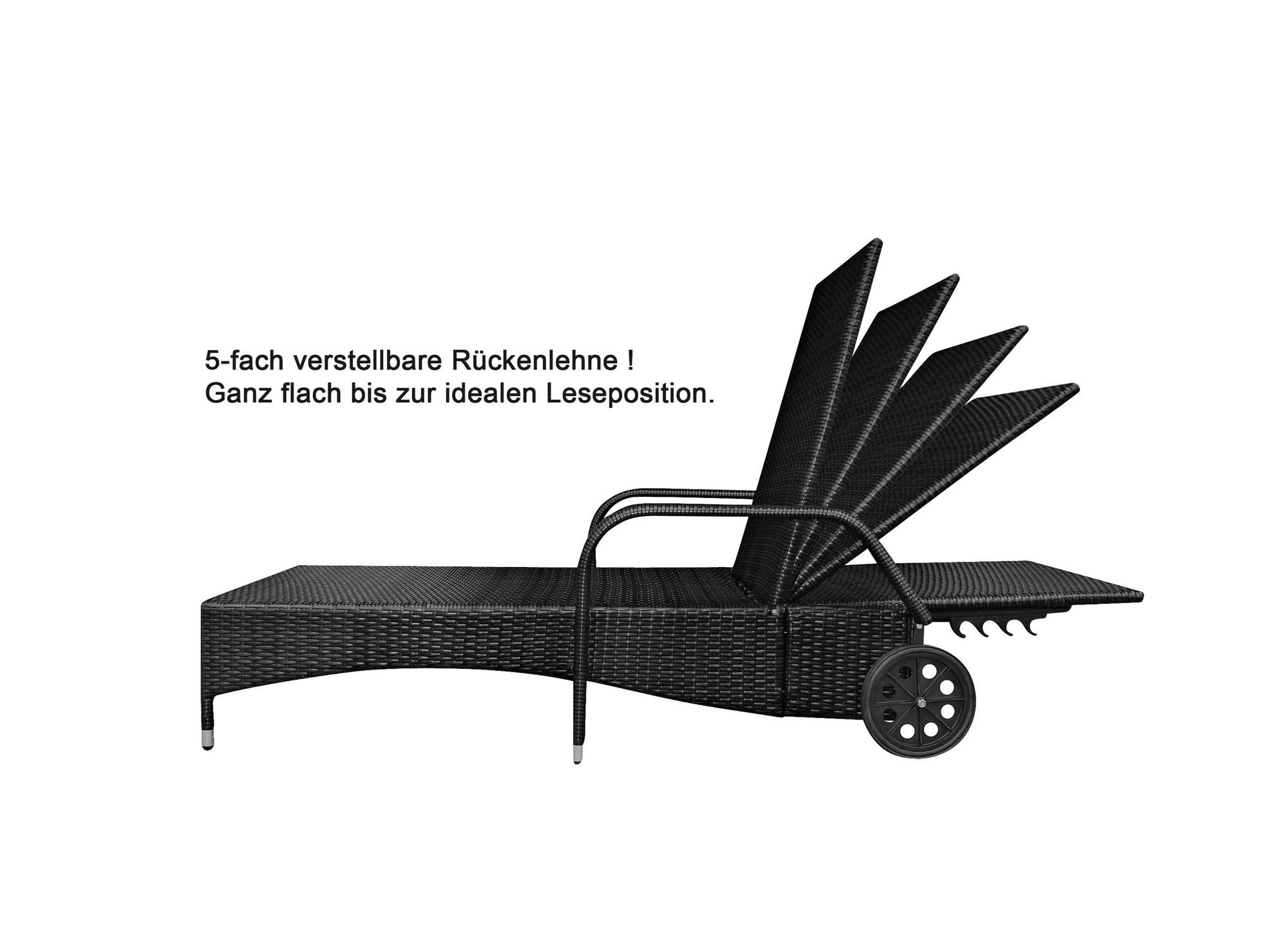 Verstellbare Rückenlehne einer schwarzen Poly-Rattan Sonnenliege, flach oder aufrecht einstellbar.