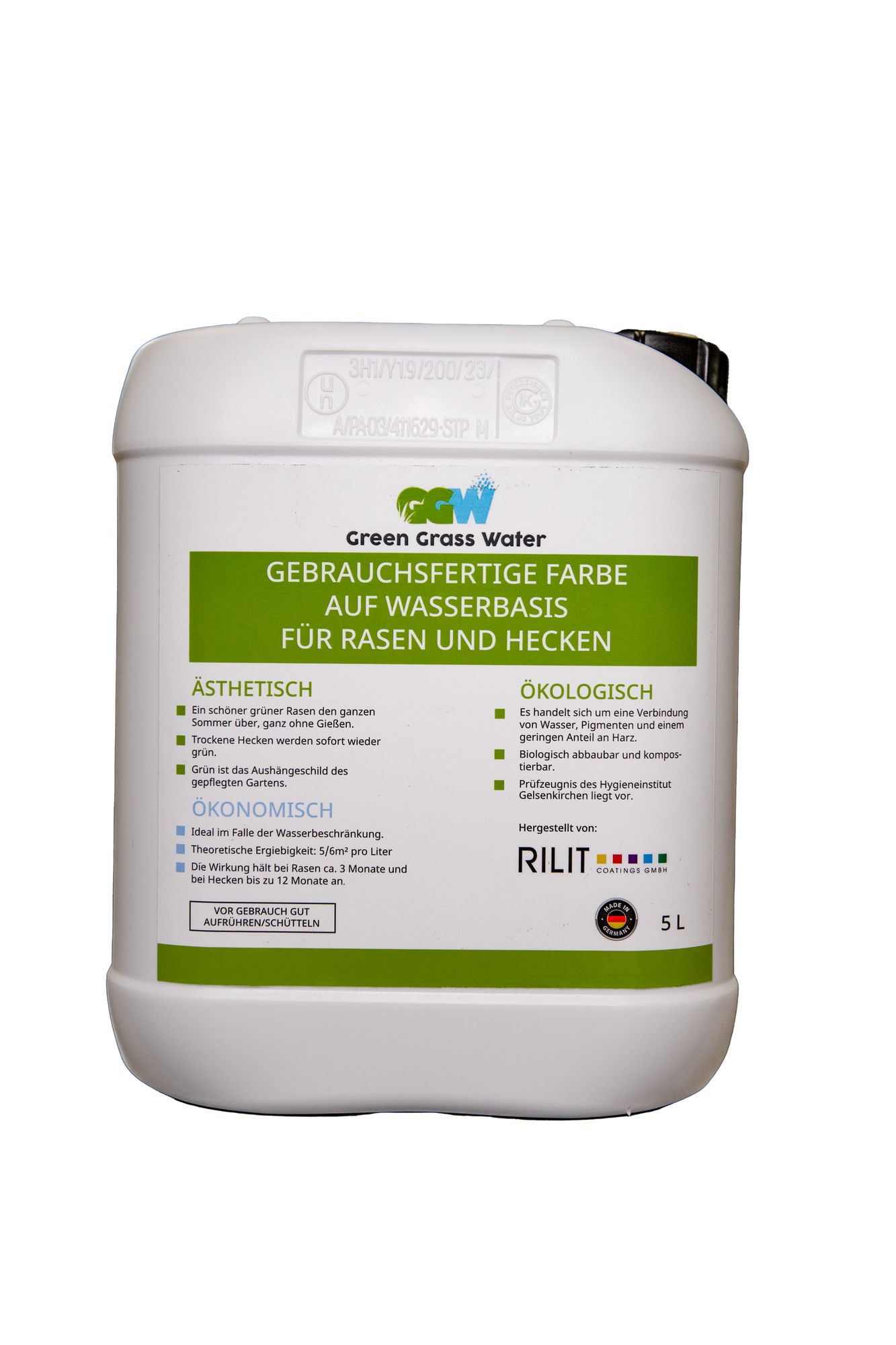 Weißer 5L Kanister mit grün-weißem Etikett, Rasenfarbe auf Wasserbasis für Hecken und Rasen