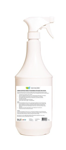 Weiße 1L Sprühflasche mit Etikett, Rasenfarbe auf Wasserbasis für Rasen und Hecken.