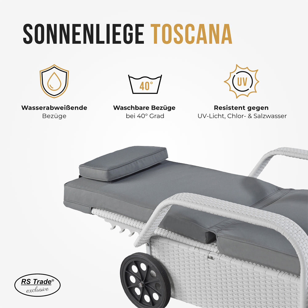 Weiße Sonnenliege mit UV-Schutz und waschbarem und wasserabweißendem Bezug.