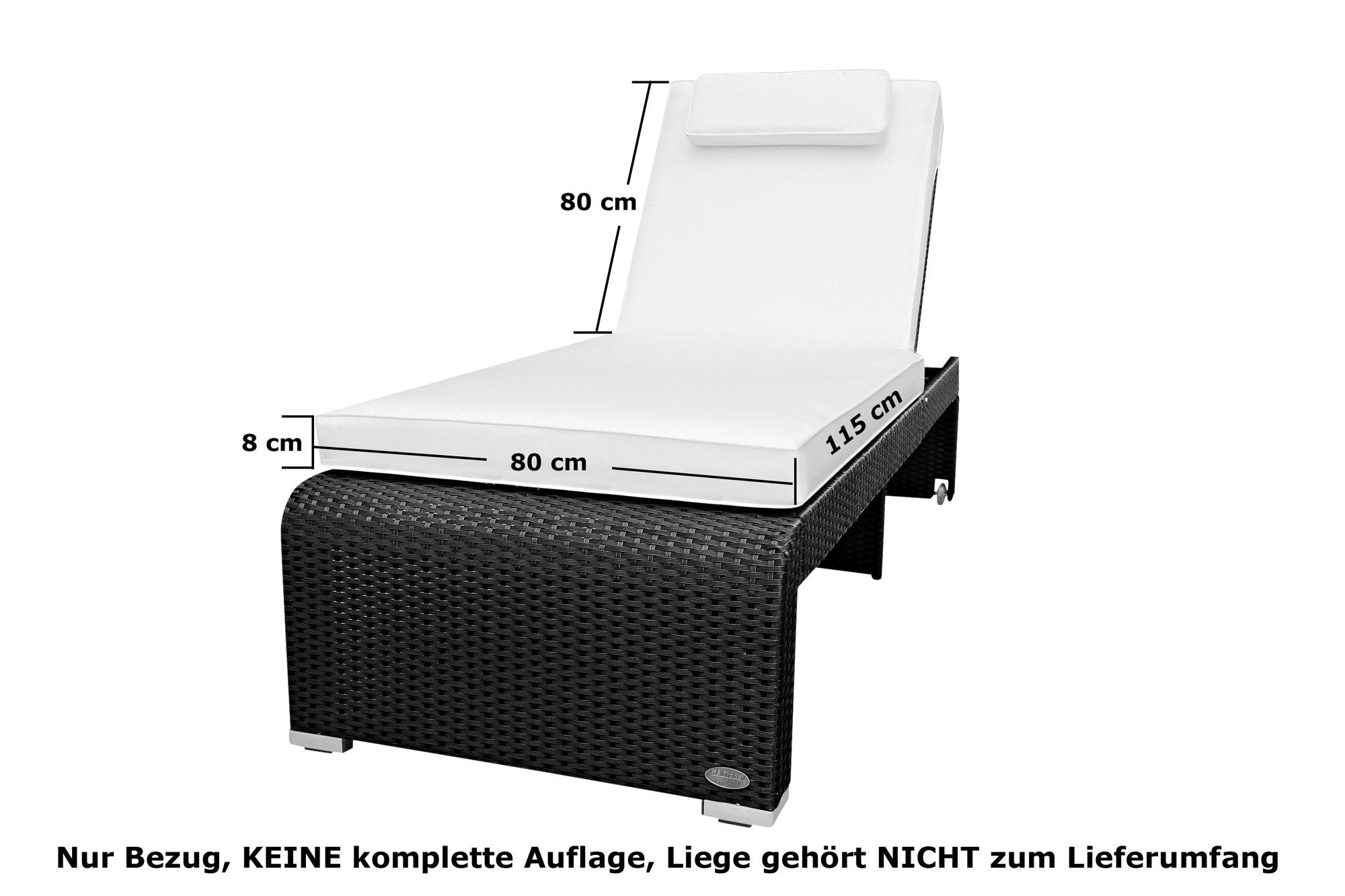 Weiße, weiche Auflage mit Nackenkissen auf einer Rattan-Sonnenliege, Monza, Maße 115x80x8 cm.