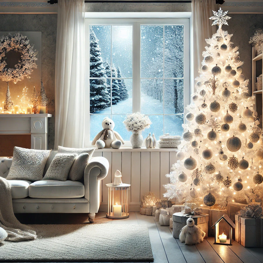 Weiß geschmückter Weihnachtsbaum in gemütlichem Wohnzimmer mit Winterlandschaft im Fenster. 210 cm