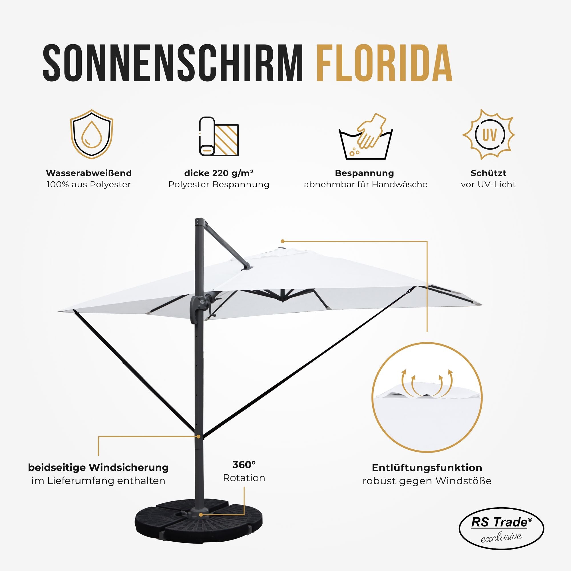 Sonnenschirm Florida, wasserabweisend, UV-Schutz, Bespannung abnehmbar, 360° drehbar, Windsicherung. Perlweiss