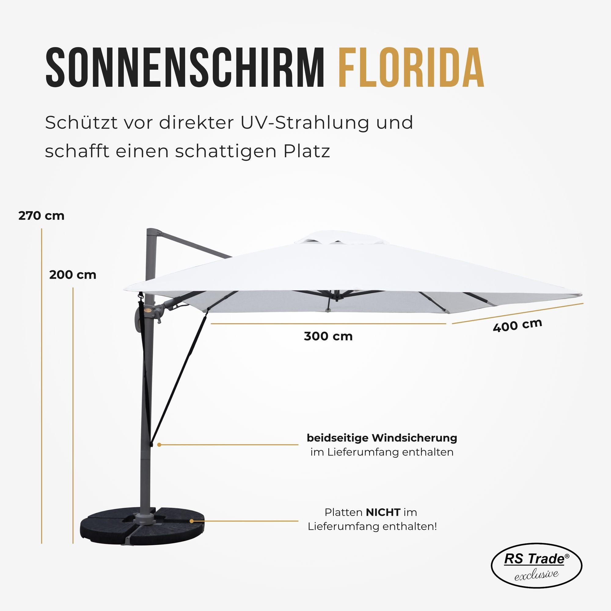 Sonnenschirm Florida, 300x400 cm, beidseitige Windsicherung, UV-Schutz, 270 cm hoch, ideal für Schattenplätze. Perlweiss