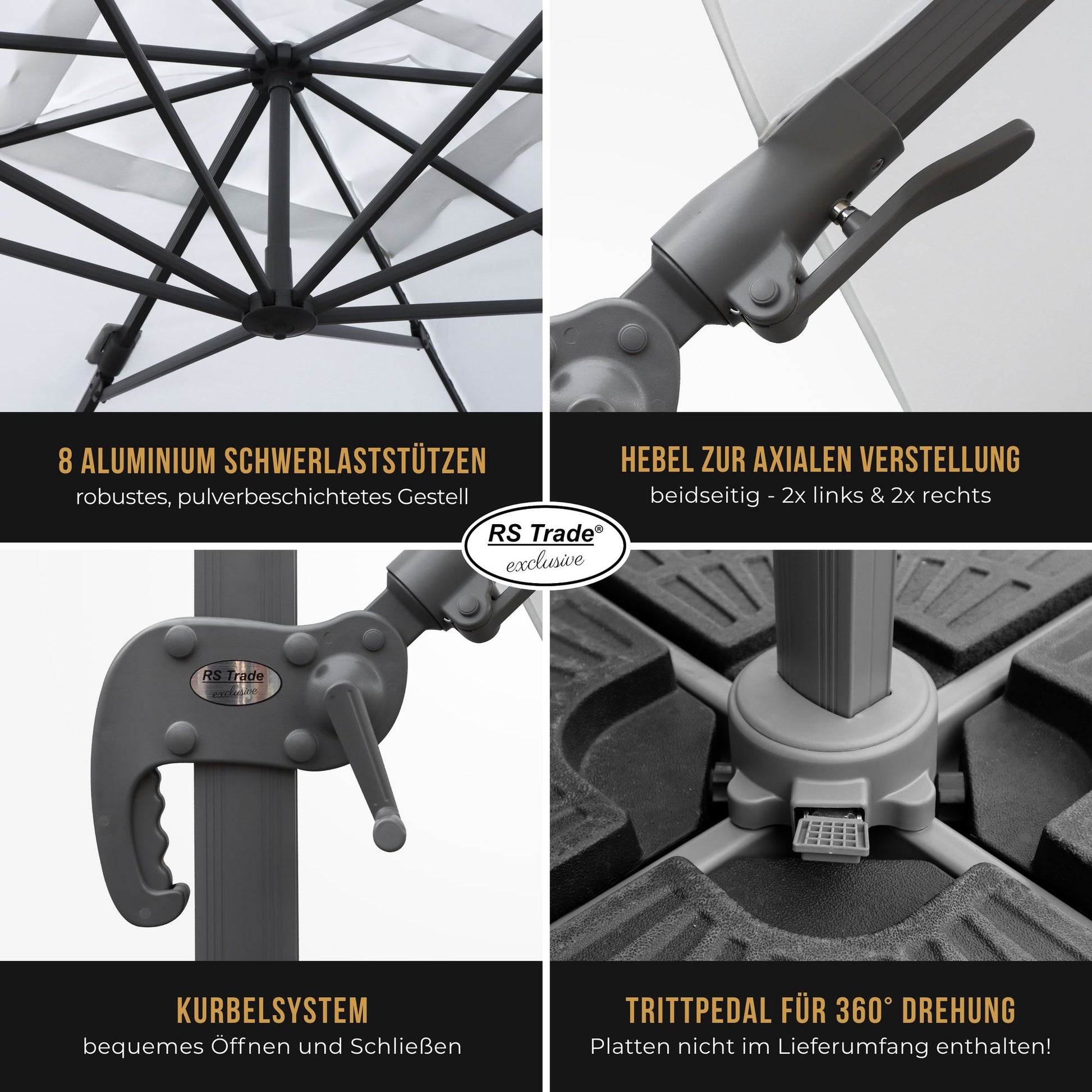 Detailansicht Sonnenschirm Florida: 8 Alu-Stützen, Kurbel, Hebel, Trittpedal für 360°-Drehung. Perlweiss