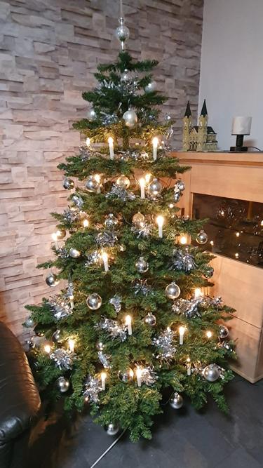 Weihnachtsbaum mit Lichtern und silbernem Baumschmuck neben Kamin in modernem Wohnzimmer.