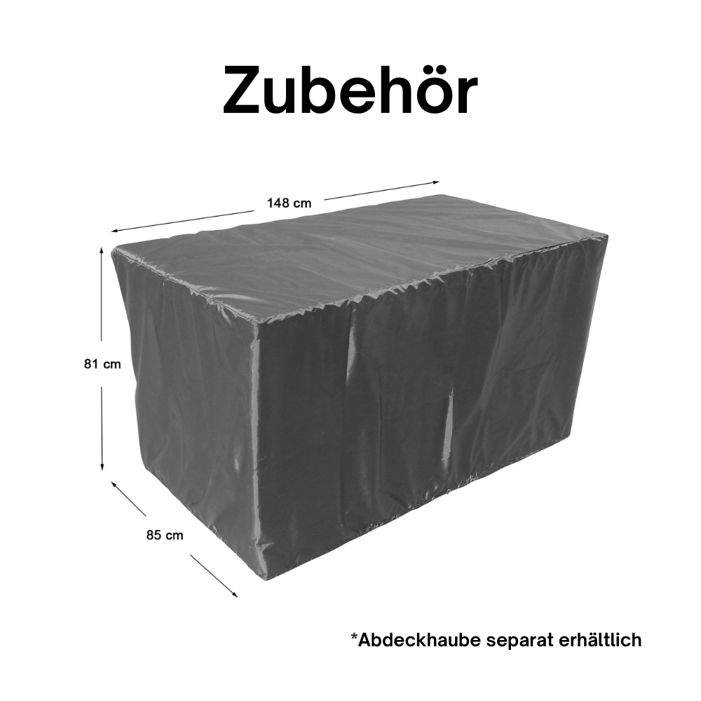 Zubehör: Schwarze Abdeckhaube mit Maßen 148 × 85 × 81 cm, Hinweis auf separate Verfügbarkeit.