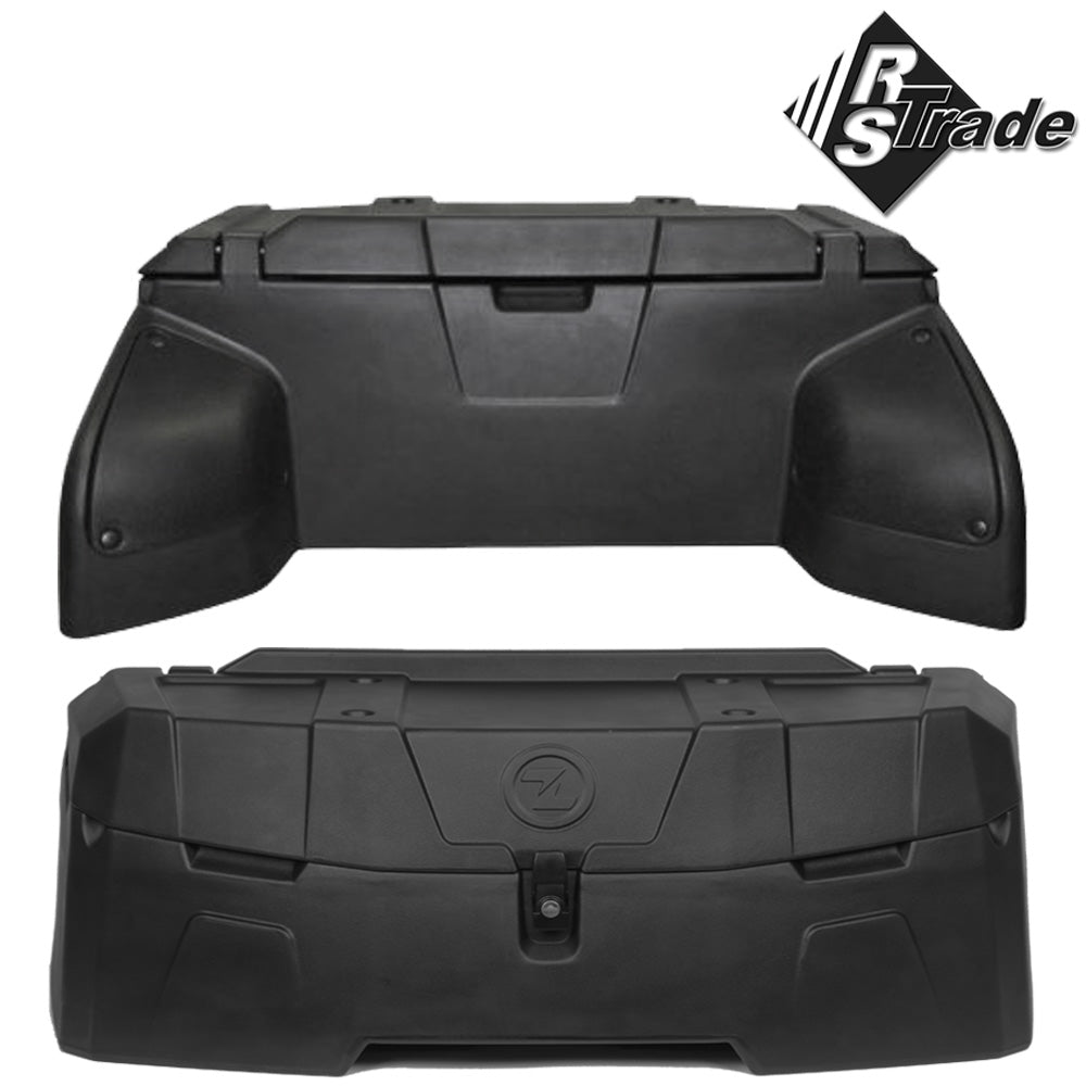 Zwei schwarze ATV/Quad Koffer aus robustem Kunststoff, frontal und seitlich gezeigt.